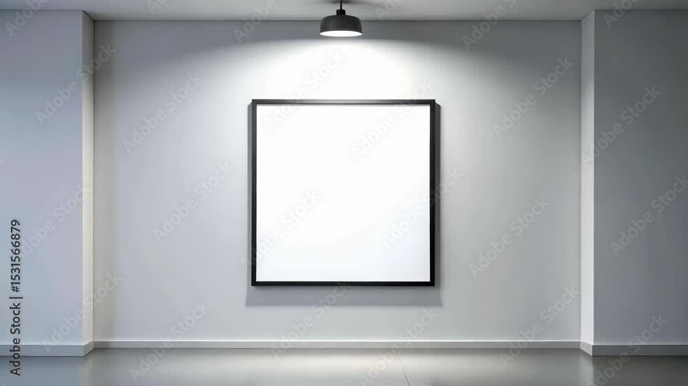 Poster modern gallery with blank white canvas in dark frame, illuminated by ceiling light in minimal white 