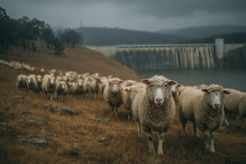 Obraz premium Flock of Sheep Grazing on a Hillside near a Large Dam on a Cloudy Day