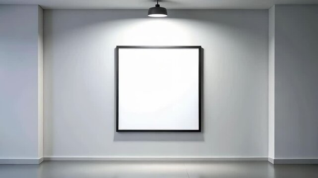 Modern gallery with blank white canvas in dark frame, illuminated by ceiling light in minimal white setting, empty space, mockup