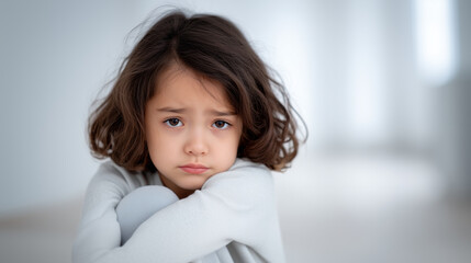 young child, around 6 years old, showing genuine sadness, teary eyes, lips quivering, sitting on the floor with arms around knees, plain white background, soft lighting.