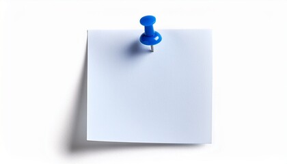 plain white one single square sticky post it note with blue pushpin isolated white background photo