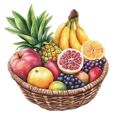 watercolor vector of Mixed Tropical Fruit Basket, isolated on a white background.