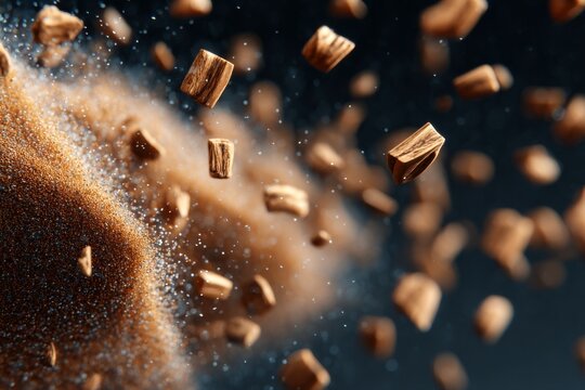 Wooden Cubes Suspended in Air with Fine Particles Against a Dark Background - Powered by Adobe