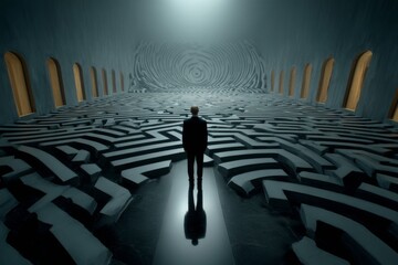Man standing in vast geometric maze hall with reflective surface and arched openings
