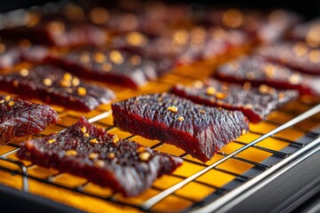 Arrangement of Beef Jerky Pieces on a Wire Rack with Yellow Background