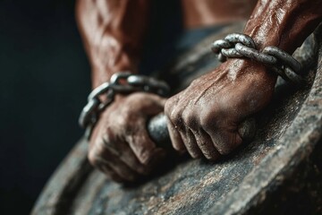 Close-up of Indian man's hands bound by metal chain gripping rough iron
