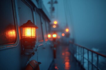 Illuminated Lantern on Boat Deck at Night Emitting Glow