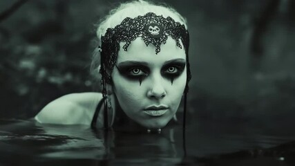 Pale gothic woman wearing dark makeup and intricate lace headdress adorned with skeletal motif rising from murky, shadowy waters with haunting, supernatural presence - Powered by Adobe