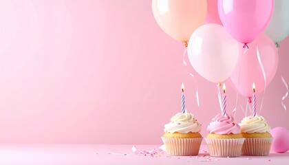 A festive birthday scene with cupcakes, lit candles, and colorful balloons against a pink background. Perfect for celebrating a special day.