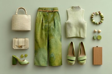 Coordinated Outfit Composition with Wide-Leg Pants, Sleeveless Top, Handbags and Platform Shoes