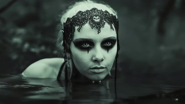 Pale gothic woman wearing dark makeup and intricate lace headdress adorned with skeletal motif rising from murky, shadowy waters with haunting, supernatural presence