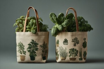 Shopping Totes Filled with Fresh Herbs and Vegetables Ready for Cooking