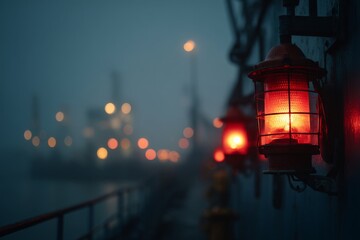 Red Navigation Light Illuminating a Vessel in a Dense Fog at Night