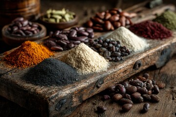 Assorted Food Ingredients on Rustic Board Displaying Diverse Textures and Colors