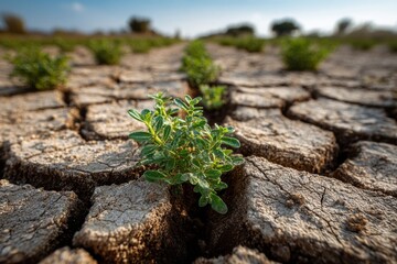 Green Plant Sprouts Through Dry Cracked Earth in Arid Environment