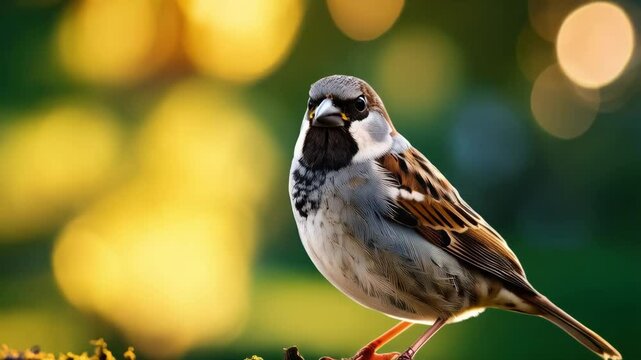 Small sparrow perched on a mossy branch in soft focus bokeh light, showcasing bird watching and springtime themes against an out of focus background.