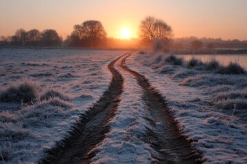 Sun Rising Over Frozen Rural Landscape With Vehicle Tire Tracks