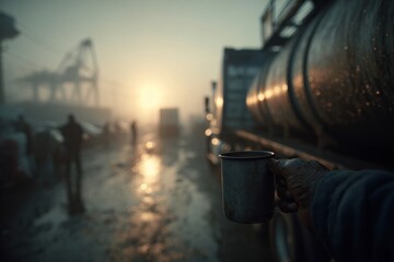 Person Holding Metal Cup Stands Near a Semi-Truck in Foggy Industrial Area