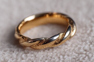 Close-up of a Gold Braided Ring Resting on a Textured Cream-colored Fabric
