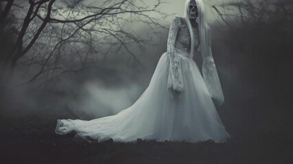 Pale ghostly bride with flowing white gown wandering through misty forest, emanating supernatural eeriness during twilight hours - Powered by Adobe