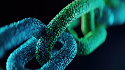 Close-up of a chain link, vibrant teal and emerald green, textured, detailed, on a dark background