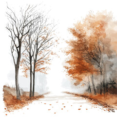Misty Autumn Road Lined, watercolor clipart vector, isolated on a white background.
