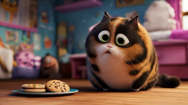 Curious feline gazes longingly at delicious cookies in a cozy animated room filled with colorful decor