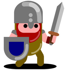 Minimalist cartoon warrior or knight with red beard, shield, and sword in simple video game style.