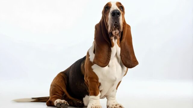 Studious basset hound sitting patiently on a white seamless backdrop, showing droopy ears, expressive face, and unique tri-color coat.