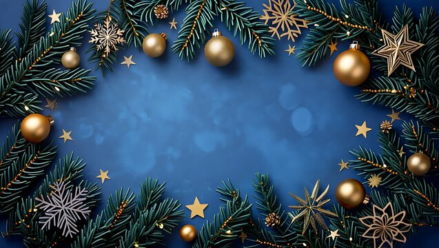 Festive Christmas Background Elegant Gold and Silver Ornaments on a Deep Blue