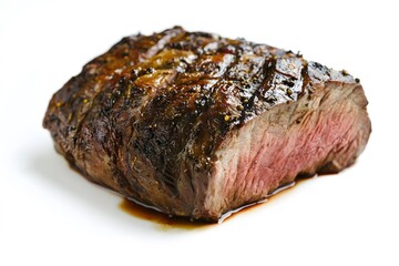 A single piece of cooked steak with visible grill marks on a white background in a studio setting
