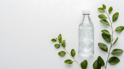 A clear plastic bottle of water with ice cubes and two green leafy branches on a white background