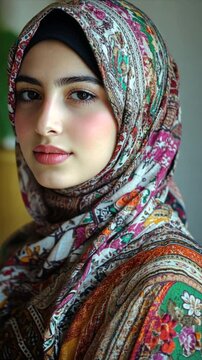 Young beautiful Afghani woman wearing colourful hijab. Arabic Muslim lady in traditional clothes