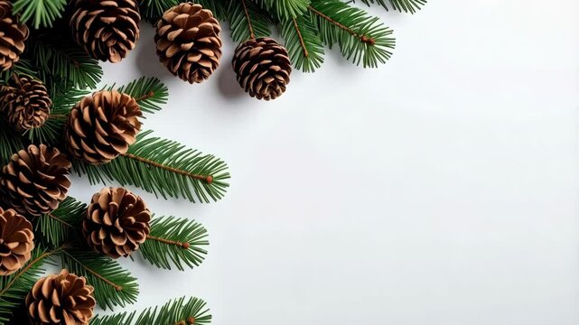 Holiday arrangement of pine boughs and cones on a white background providing a seasonal, natural texture with ample blank copy space.