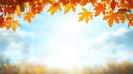 Autumnal scene with vibrant orange and yellow maple leaves framing a bright, softly focused background of a partly cloudy sky and blurred autumnal landscape