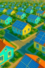 Sustainable Suburban Landscape: Rows of Homes with Solar Panels (AI Generated Aerial View)