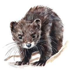 Mink Close Up, watercolor illustration vector, isolated on a white background.
