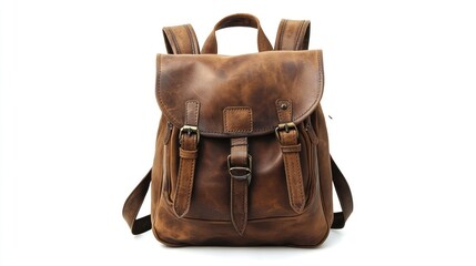 A front view of a brown leather backpack with straps and buckles on a white background in studio lighting