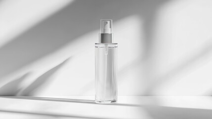 A clear spray bottle with silver accents on a white surface with leaf shadows in the background