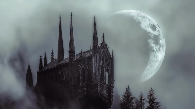 Moonlit gothic castle emerging through rolling fog, casting shadowy silhouette against dramatic night sky, generating haunting supernatural landscape of mysterious medieval darkness