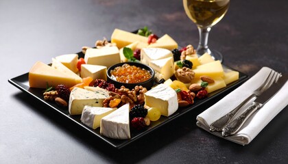 A delicious cheese board with nuts, dried fruits, and a glass of white wine, perfect for a sophisticated gathering or a relaxing evening.