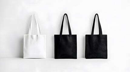 Three tote bags standing side by side in a row with a white background in a studio setting light