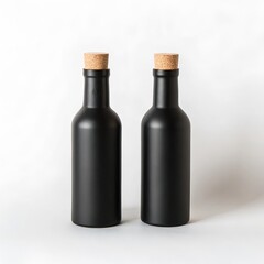Two Matte Black Bottles with Cork Tops on White Background – Minimalist Packaging Mockup for Branding Projects.