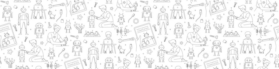 STEM Education Seamless Pattern with Kids and Robots Line Art Vector