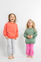 Two funny cute girls playing and having fun. Children with smiles and funny emotions on a light background. Vertical photo. High quality photo