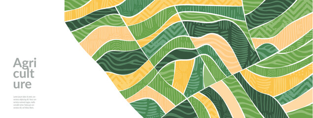 Background with green agriculture field, abstract nature pattern. Sustainable farm and rice landscape design with vineyard and tea illustration. Environmental growth, rura farmland, ecology, patchwork