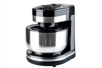 A close up shot of a black and silver stand mixer with a stainless steel bowl on a white background