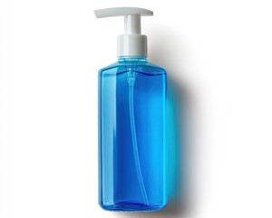A clear blue liquid soap dispenser with a white pump on a white background in a studio setting view