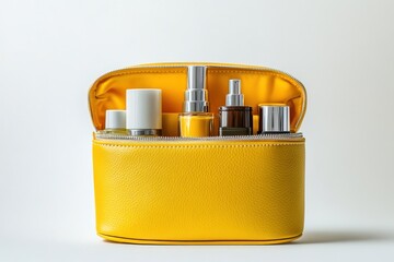 A yellow cosmetic bag filled with various bottles and containers on a white background in studio shot