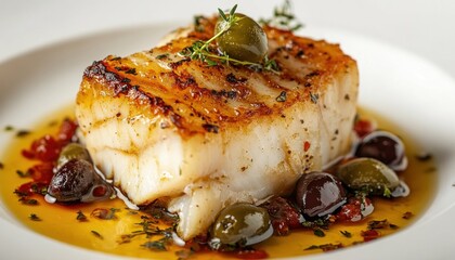 Close up of grilled fish fillet with olives and herbs on a white plate and sauce drizzled around it